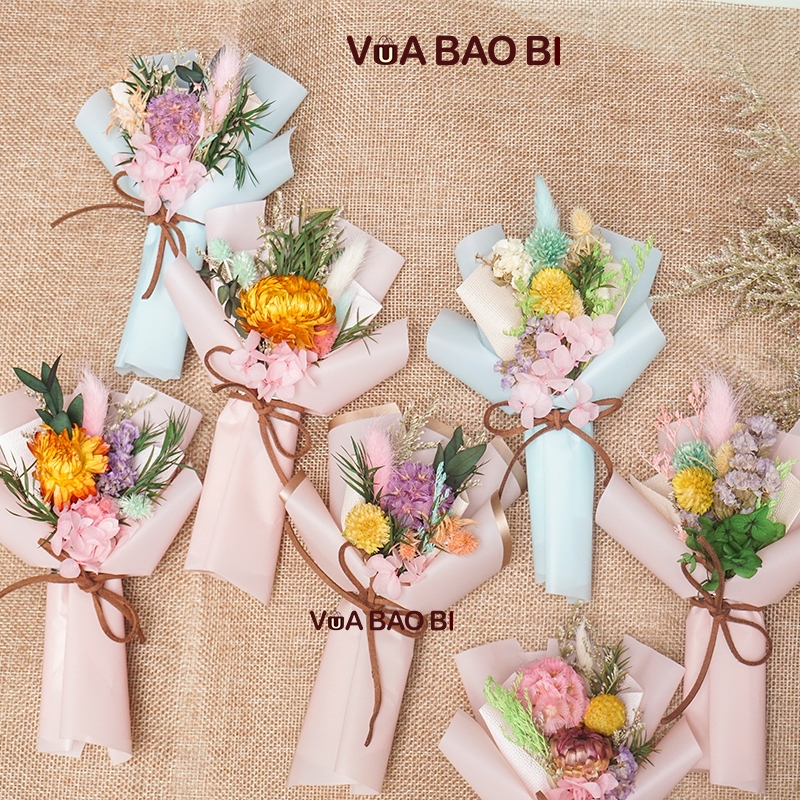 Bó hoa khô nghệ thuật mini làm quà tặng giáng sinh noel - 8/3 hoa handmade trang trí set quà cao 15cm