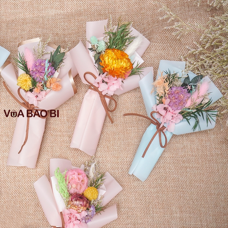 Bó hoa khô nghệ thuật mini làm quà tặng giáng sinh noel - 8/3 hoa handmade trang trí set quà cao 15cm