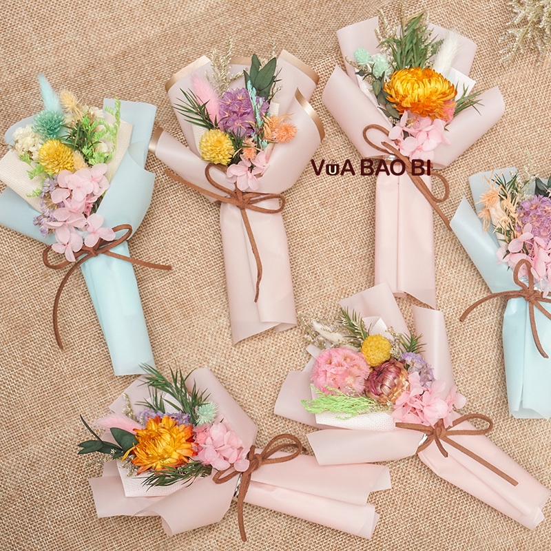 Bó hoa khô nghệ thuật mini làm quà tặng giáng sinh noel - 8/3 hoa handmade trang trí set quà cao 15cm