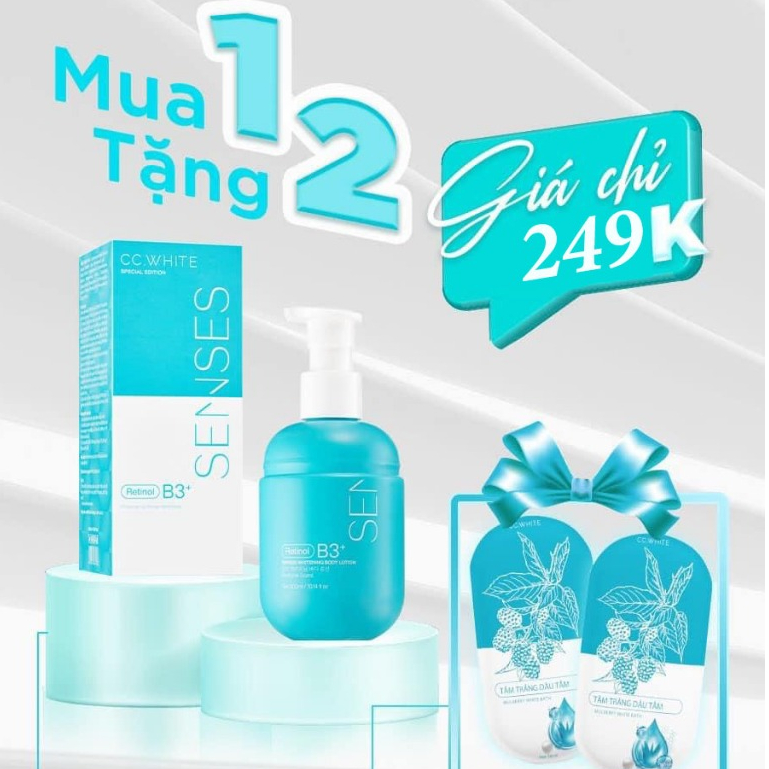 Kem body trắng da SENSES WHITE, kem body dưỡng trắng da dưỡng ẩm da mờ thâm sạm mua 1 tặng 2 gói tắm trắng