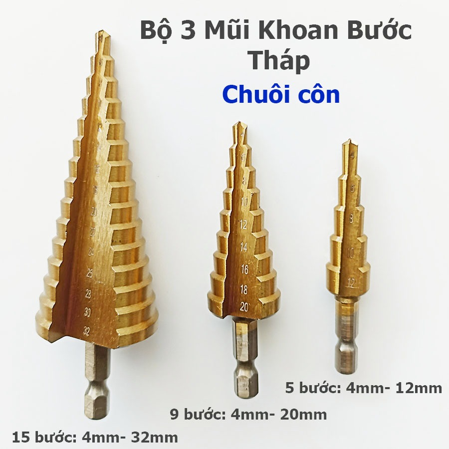 Bộ 3 mũi khoan bước tháp HSS 4241 phủ Titan, Đường kính từ 4 - 32mm
