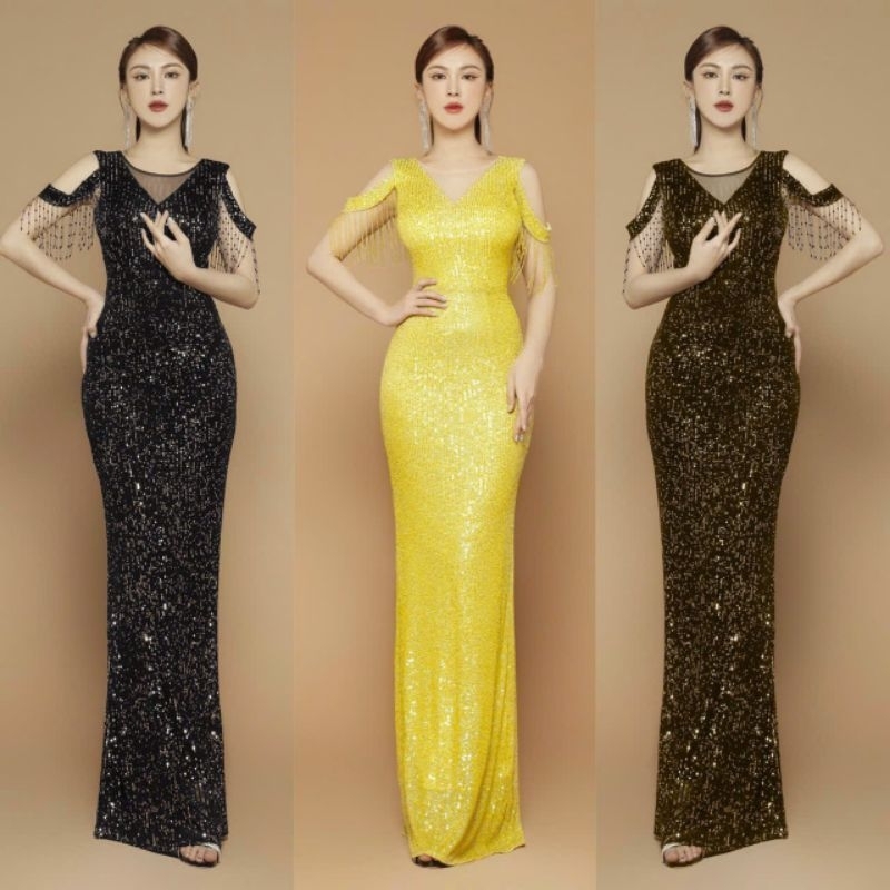 Đầm dạ hội kim sa rớt vai tua rua cao cấp TẶNG KÈM HOA TAI THỜI TRANG
