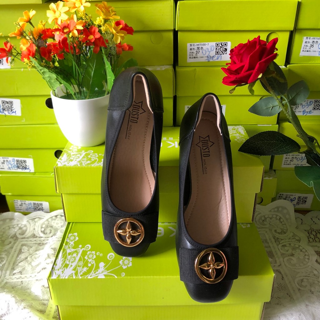 Giày Nữ Hãng Dusto Mũi Tròn Nơ Tròn Phong Cách Hàn Quốc Gót Dày 4.5Cm Da Mềm Êm Nhẹ Đi Học Đi Làm Đi Chơi