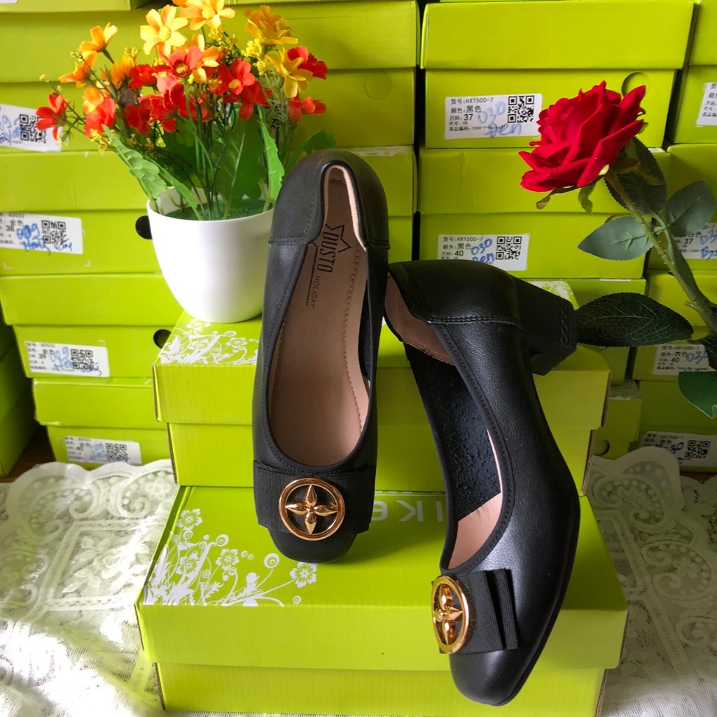 Giày Nữ Hãng Dusto Mũi Tròn Nơ Tròn Phong Cách Hàn Quốc Gót Dày 4.5Cm Da Mềm Êm Nhẹ Đi Học Đi Làm Đi Chơi