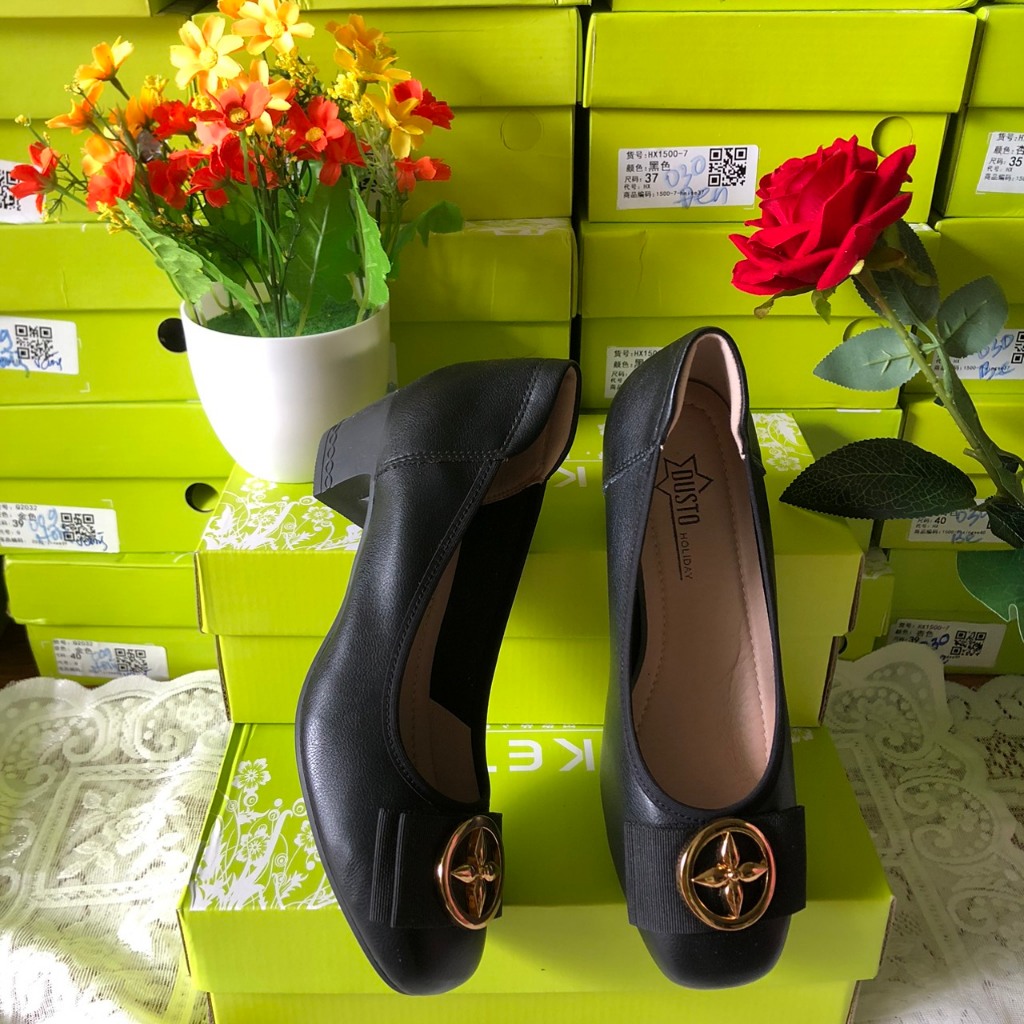 Giày Nữ Hãng Dusto Mũi Tròn Nơ Tròn Phong Cách Hàn Quốc Gót Dày 4.5Cm Da Mềm Êm Nhẹ Đi Học Đi Làm Đi Chơi