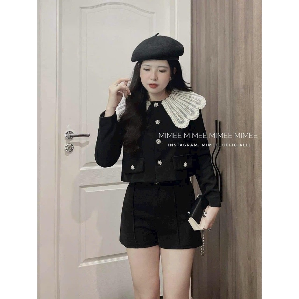 Set Bộ Đồ Nữ Tiểu Thư Áo Cổ Bèo Ren Dài Tay Cúc Dọc Mix Quần Sooc Đùi Freesize S1011