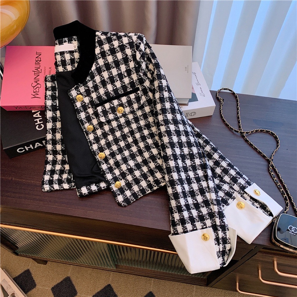 Áo khoác tweed dạ nữ dáng ngắn họa tiết caro cá tính đính cúc vàng sang chảnh hàng L1 A199