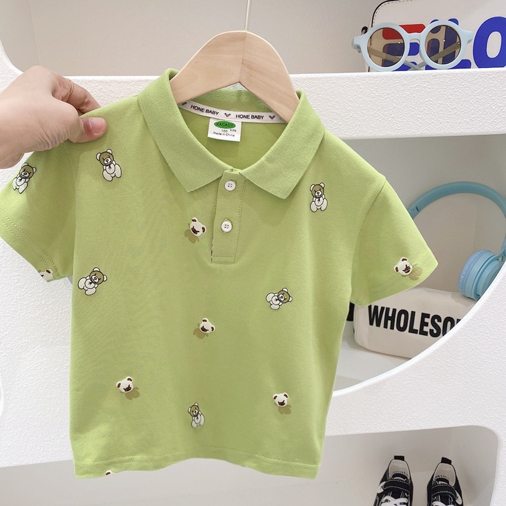 Áo polo cho bé trai KANGMIN KIDS, áo polo trẻ em cộc tay chất cotton cá sấu in hình Gấu cực yêu cho bé từ 2 đến 8 tuổi