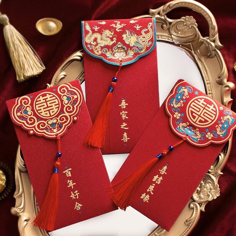 Bao Lì Xì đỏ tráp đám cưới hỏi, Lì Xì TẾT Chúc Mừng Năm Mới kèm tua rua phong cách sang trọng Quà tặng dễ thương may mắn