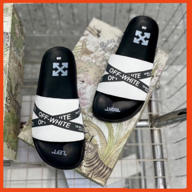 Dép quai ngang thời trang nam nữ ÔFF WHITE quai trắng dải đen X siêu nét,Full size 38/42 MENITY