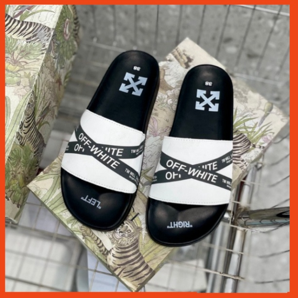 Dép quai ngang thời trang nam nữ ÔFF WHITE quai trắng dải đen X siêu nét,Full size 38/42 MENITY