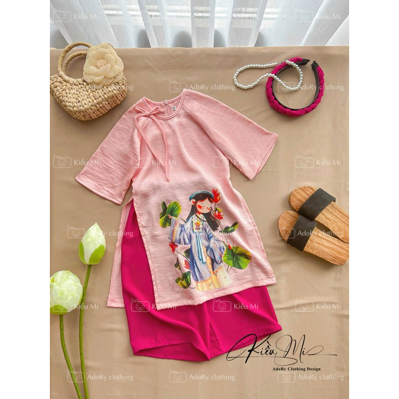 Áo dài cách tân lụa in hình cho bé 8-42kg