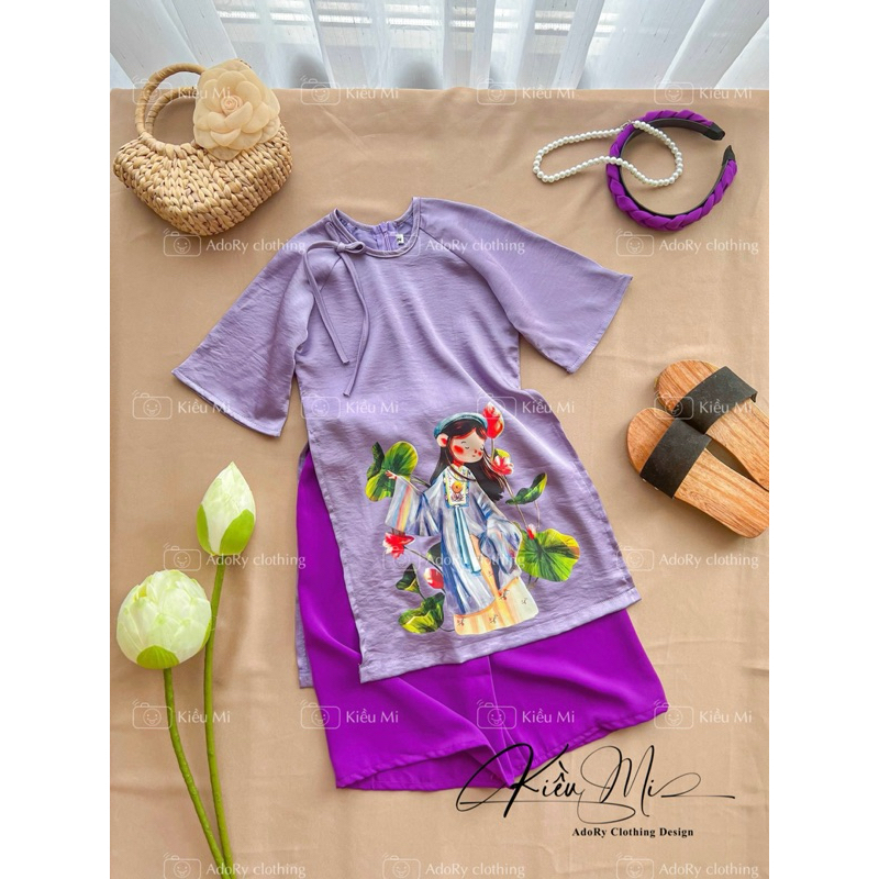 Áo dài cách tân lụa in hình cho bé 8-42kg