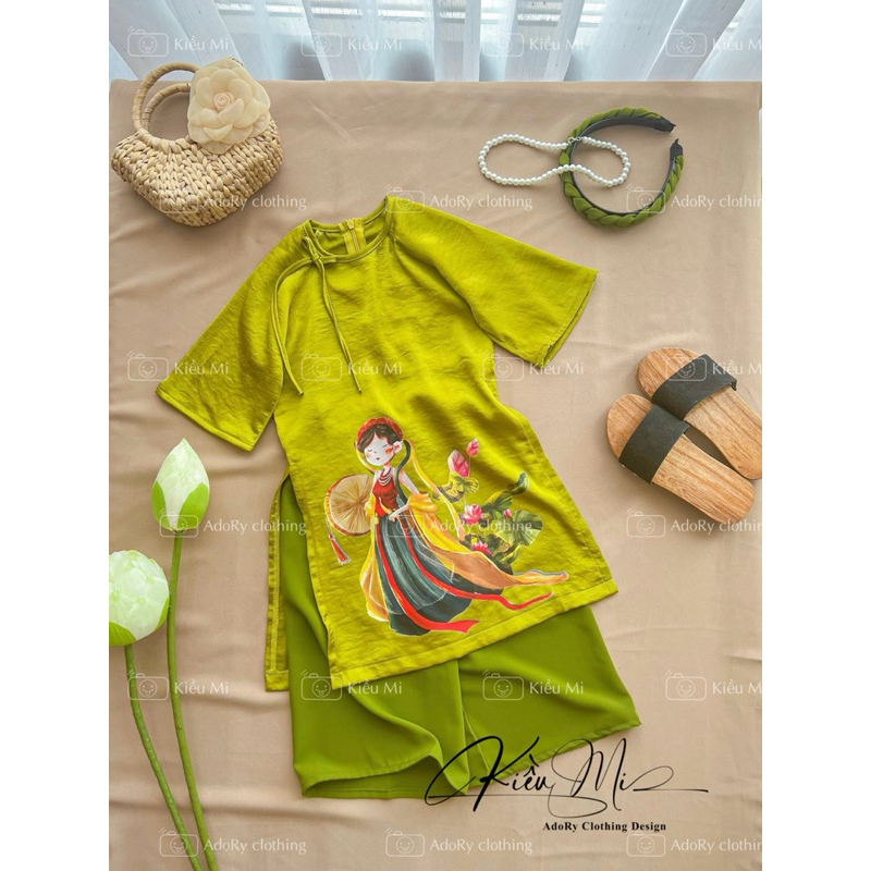 Áo dài cách tân lụa in hình cho bé 8-42kg