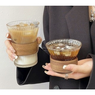 Ly thủy tinh ly pha che caffe có kèm đai gỗ chống nóng..dung tich 200ml-280ml ( MÃ J8512G )