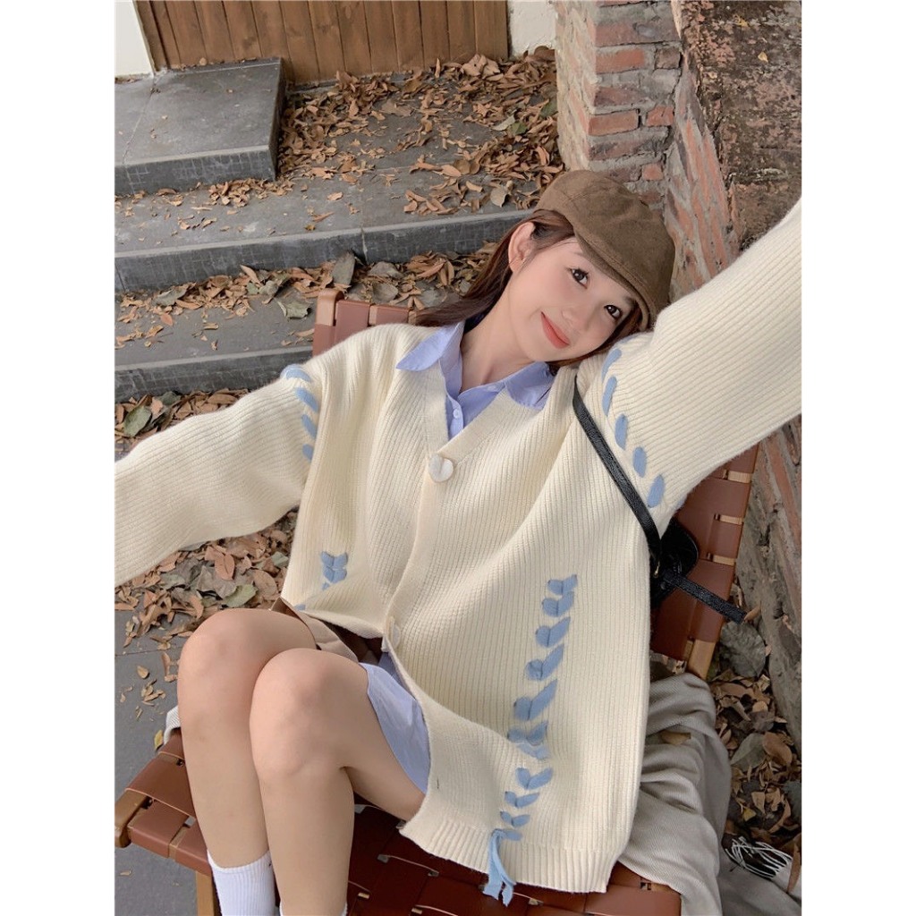 Áo Khoác Cardigan Len Tay Dài Hàng Qccc Cổ V Dáng Rộng Phối Thêu Màu Siêu Xinh Phong Cách Hàn Quốc | Smide Cothing