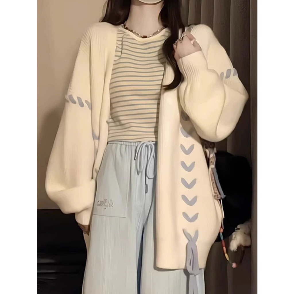 Áo Khoác Cardigan Len Tay Dài Hàng Qccc Cổ V Dáng Rộng Phối Thêu Màu Siêu Xinh Phong Cách Hàn Quốc | Smide Cothing