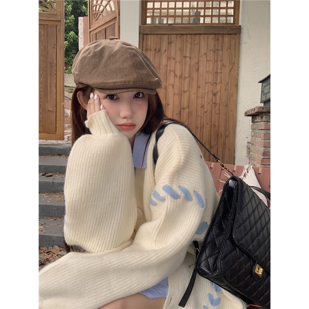 Áo Khoác Cardigan Len Tay Dài Hàng Qccc Cổ V Dáng Rộng Phối Thêu Màu Siêu Xinh Phong Cách Hàn Quốc | Smide Cothing