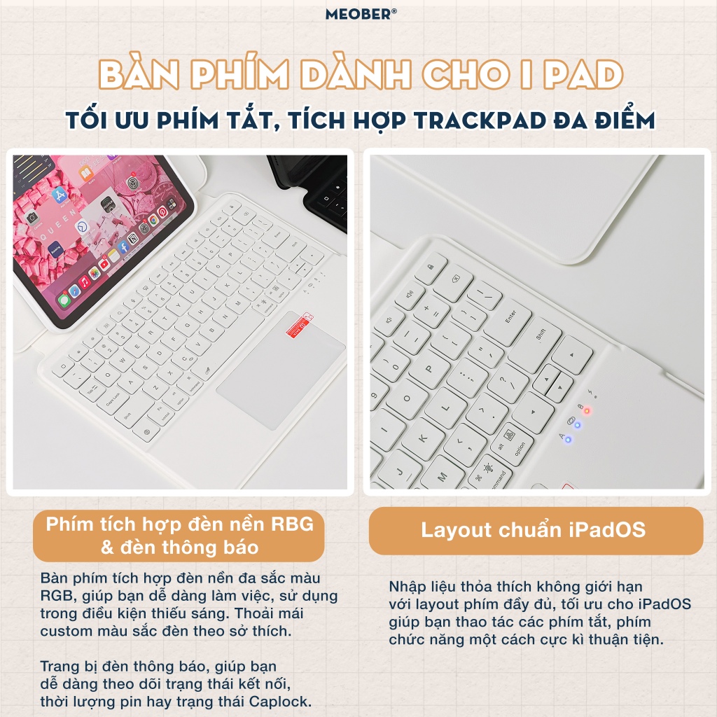 Bao da iPad Kèm Bàn Phím Smart Keyboard tháo rời, xoay dọc dành cho Gen 7 8 9, Air 4 5, Pro 11 M1 M2 by Meober