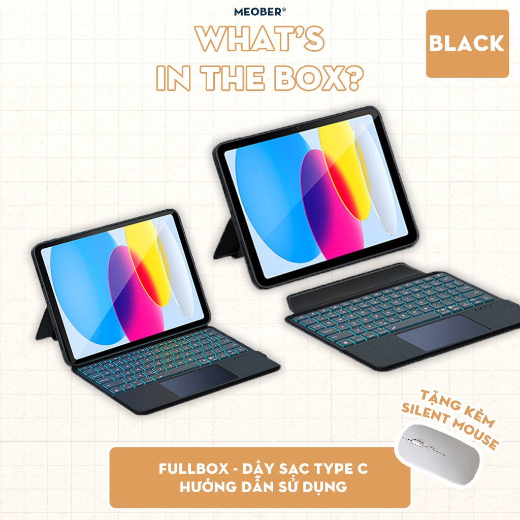 Bao da iPad Kèm Bàn Phím Smart Keyboard tháo rời, xoay dọc dành cho Gen 7 8 9, Air 4 5, Pro 11 M1 M2 by Meober