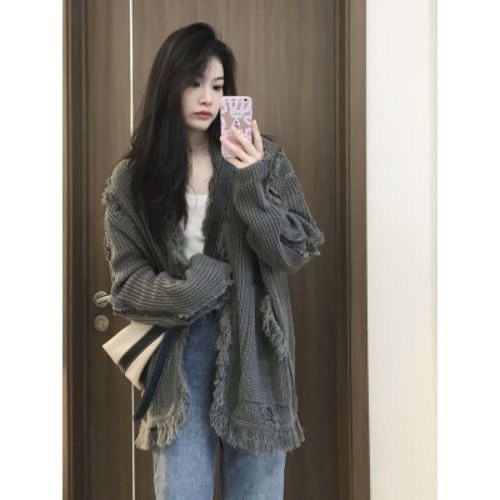 Áo Khoác Cardigan, Áo Khoác Len Dáng Rộng Bigsz Cổ V Tay Dài Phối Gấu Rách Tua Rua Thời Trang Mùa Đông Vui Vẻ