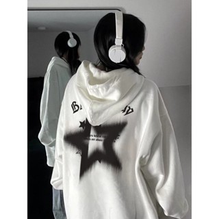 Focus local brand vintage trắng long sleeve nữ ngôi sao oversized áo hoodie zip cổ tròn unisex levents áo Khoác