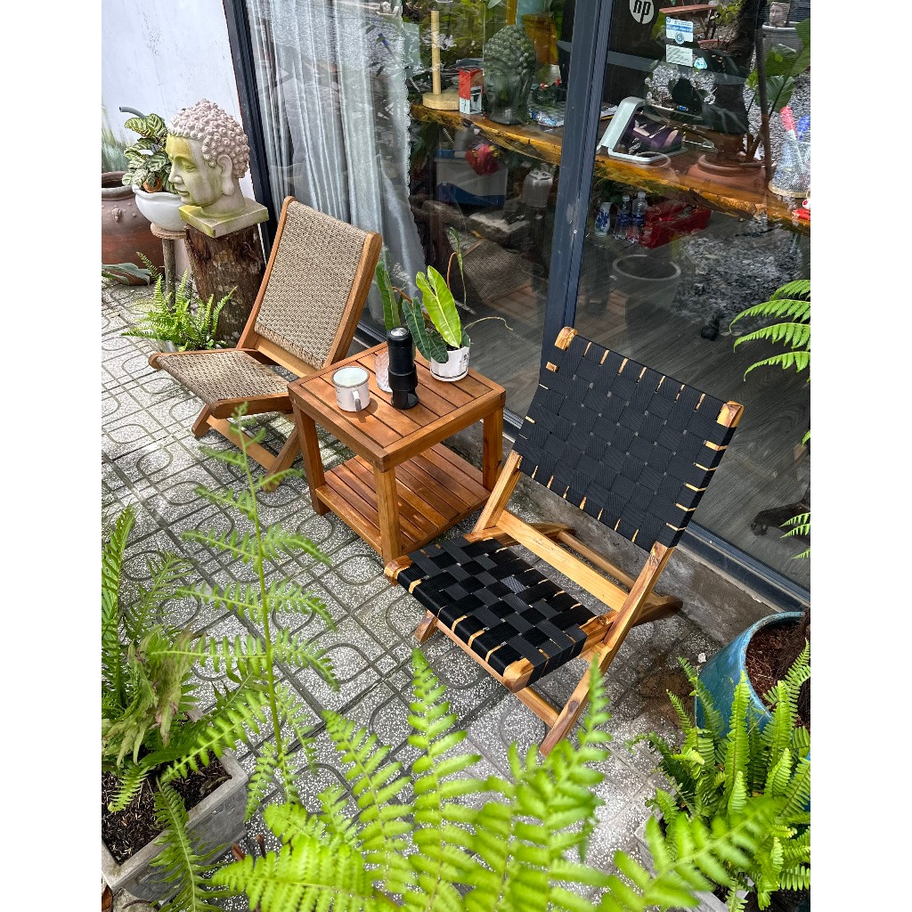 Ghế gỗ tràm bông đan mây thư giãn, để quán cafe, sân vườn căn hộ