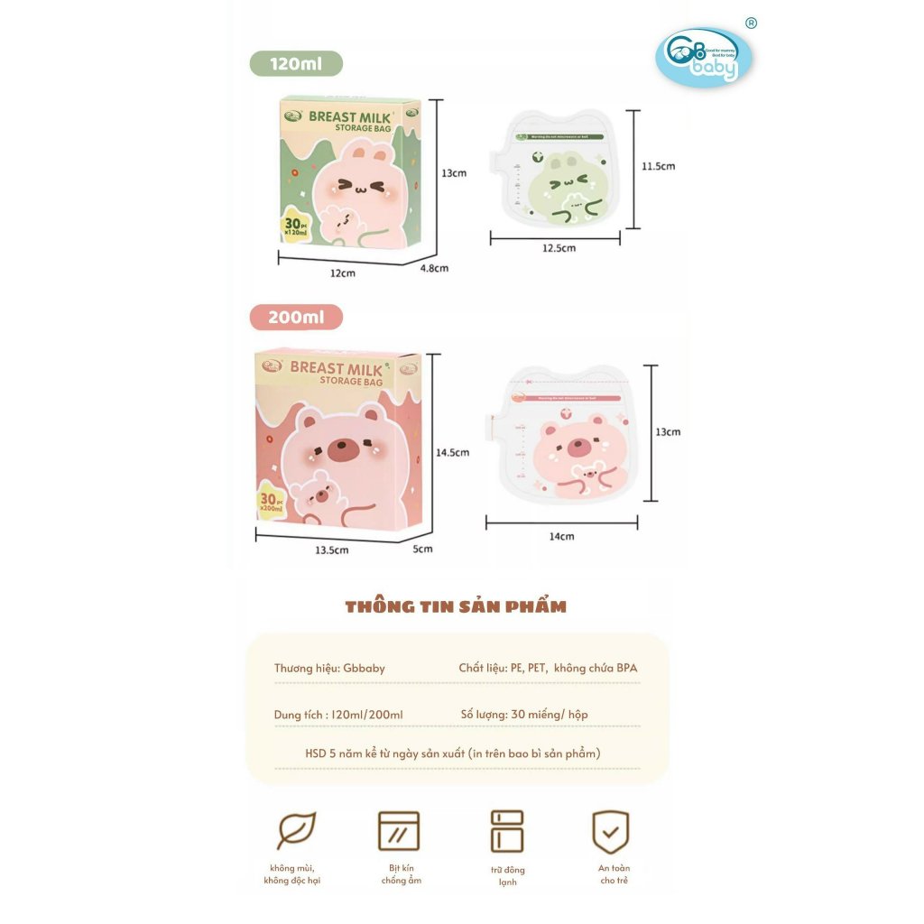 Túi trữ Sữa GB Baby 120, 200ml Có Vòi Rót Thú Đáng Yêu 30 Túi/ Hộp Tặng Kèm 01 Bút Lông Dầu/ Đơn Lamkids