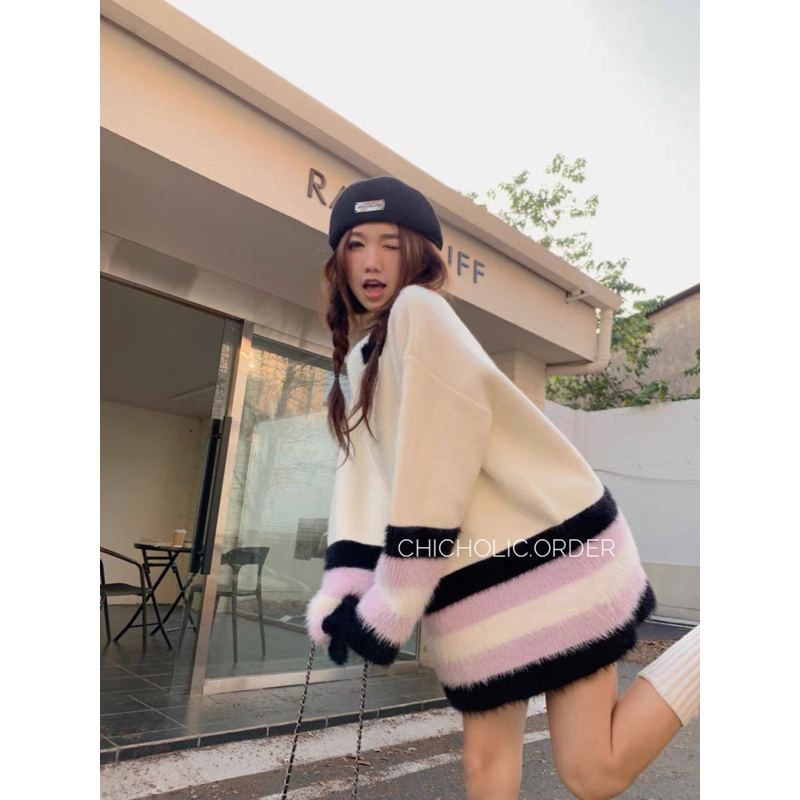 Áo len sọc sáp mềm mại dành cho nữ mùa thu đông mới ngọt ngào áo dáng rộng dài