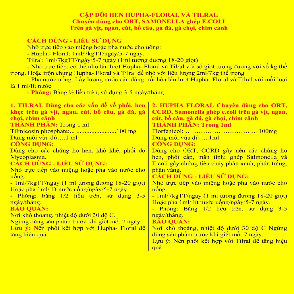 CẶP ĐÔI HUPHA-FLORAL 10ml VÀ TILRAL 10ml Dùng cho gà vịt, ngan, cút, bồ câu, gà đá, gà chọi, chim cảnh