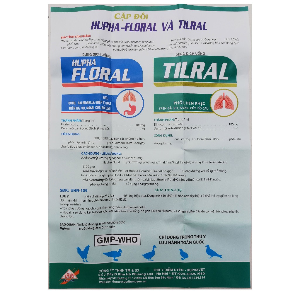 CẶP ĐÔI HUPHA-FLORAL 10ml VÀ TILRAL 10ml Dùng cho gà vịt, ngan, cút, bồ câu, gà đá, gà chọi, chim cảnh