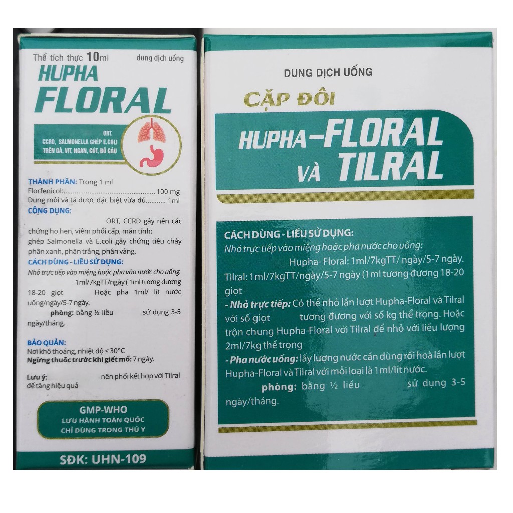 CẶP ĐÔI HUPHA-FLORAL 10ml VÀ TILRAL 10ml Dùng cho gà vịt, ngan, cút, bồ câu, gà đá, gà chọi, chim cảnh