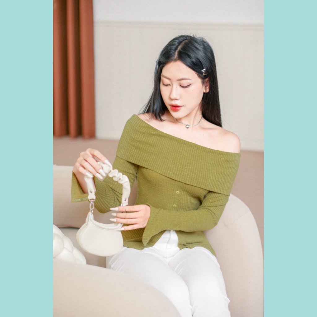 Áo thun gân ODS thiết kế, tay dài ôm, cổ to hở vai màu xanh mạ trẻ trung năng động dễ phối đồ - CK15