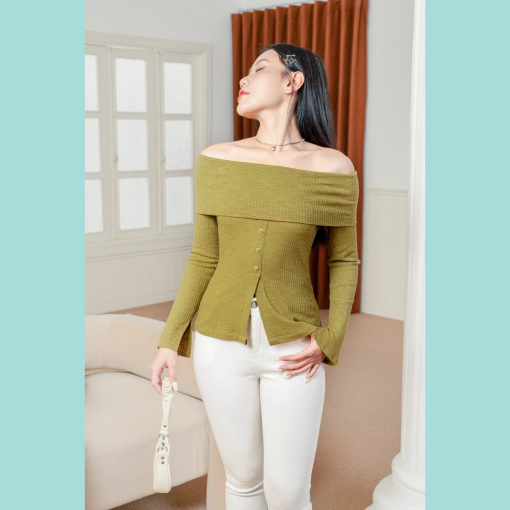 Áo thun gân ODS thiết kế, tay dài ôm, cổ to hở vai màu xanh mạ trẻ trung năng động dễ phối đồ - CK15