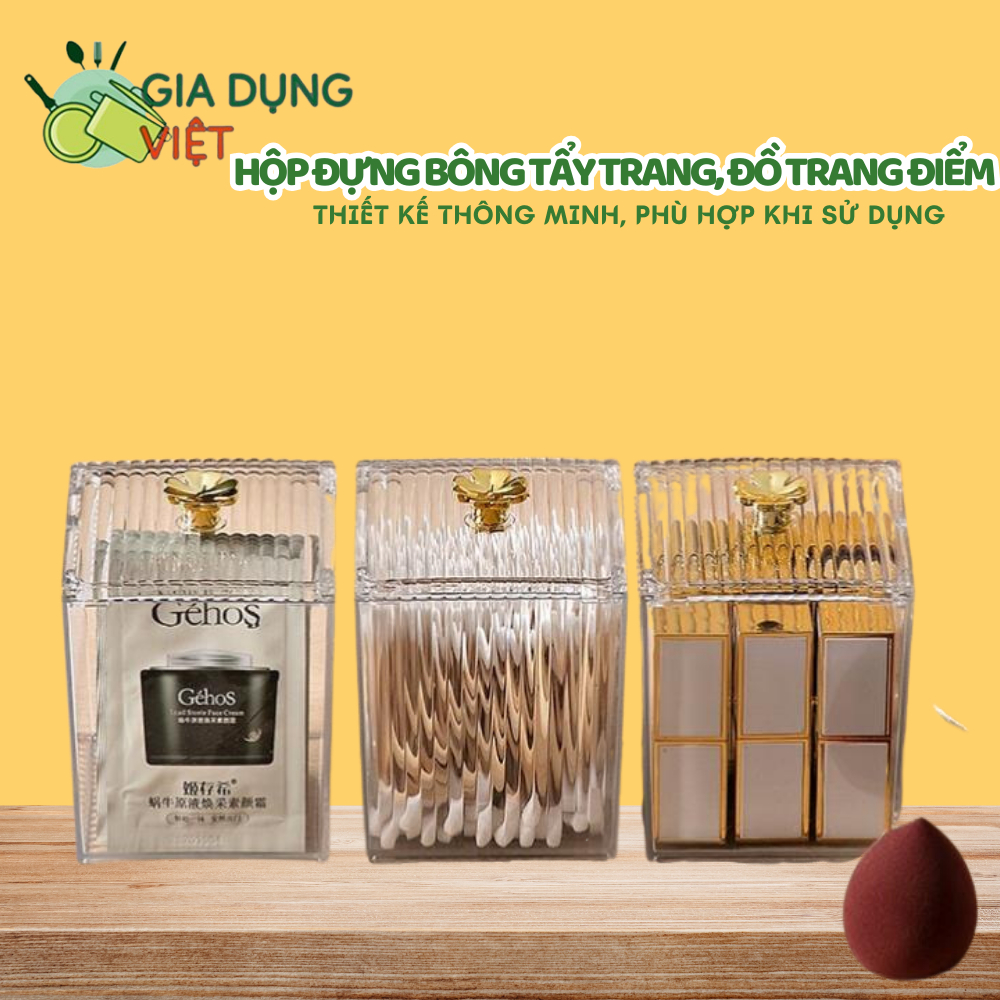 Hộp Đựng Bông Tẩy Trang, Bông Ngoáy Tai, Đồ Trang Điểm 1 Ngăn Cao Cấp Núm Vàng