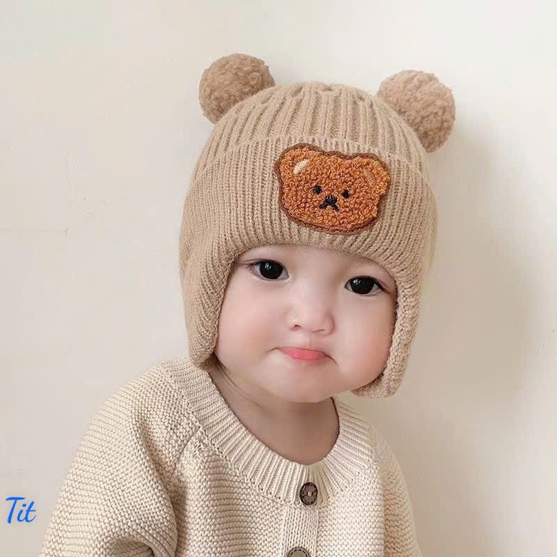 Mũ Len có bịt tai hình gấu cho bé siêu dễ thương