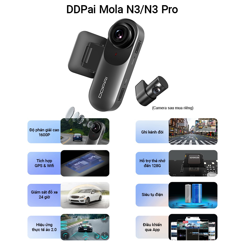 Camera hành trình ô tô DDPAI Dash Cam Mola N3 / N3 GPS / N3 Pro Phiên bản toàn cầu Độ phân giải 1600P - Bảo hành 2N