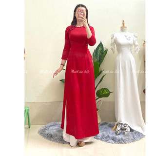 Áo Dài Truyền Thống Lụa Tây Thi AZALY màu đỏ ôm cổ cao cấp co giãn phối hoa cách điệu 2 tà hàng may sẵn