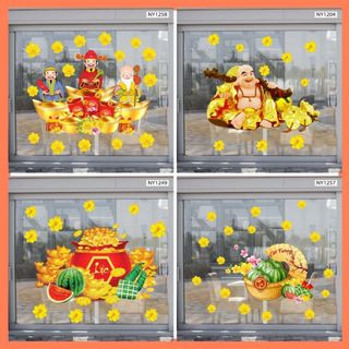 Decal trang trí tết cao cấp tài lộc may mắn màu sắc nét - Giấy dán tường tết có keo sẵn dễ dán không gây bẩn kính