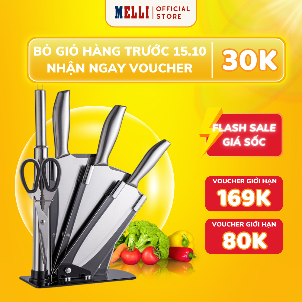 Bộ Dao Nhà Bếp Nhật Bản Cao Cấp Chính Hãng Bao Gồm 6 Món Dao Kéo Inox Đúc Nguyên Khối Không Gỉ Siêu Sắc Bén - Melli