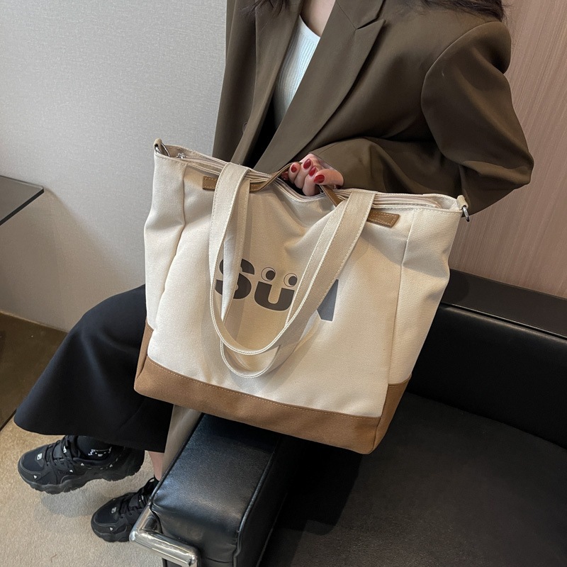 Túi vải tote đeo vai vải canvas dày có khoá miệng thời trang hàn quốc nữ tính đựng sách vở