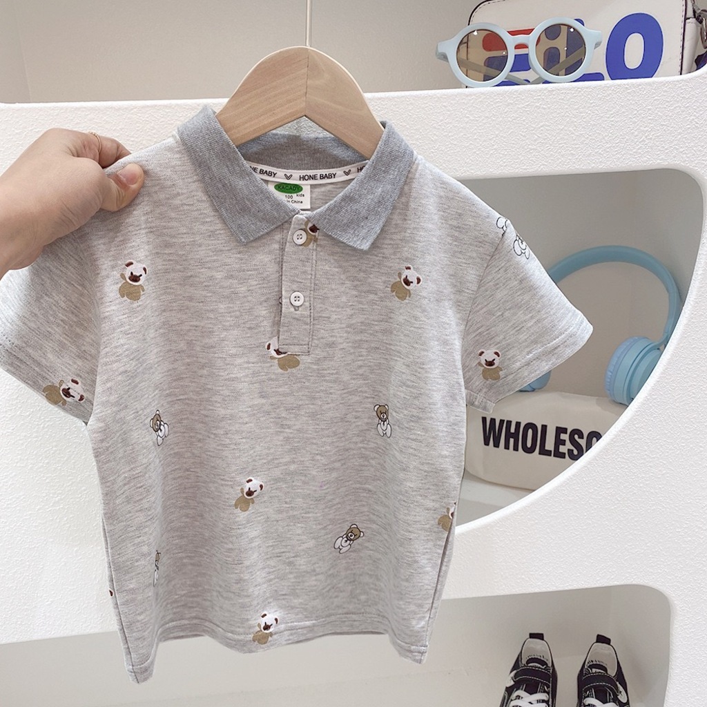 Áo polo cho bé trai KANGMIM KIDS, áo polo trẻ em cộc tay chất cotton cá sấu in hình Gấu cực yêu cho bé từ 2 đến 8 tuổi