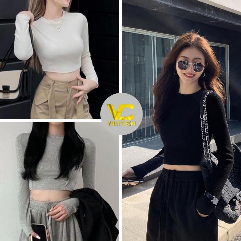 Áo Croptop Cổ Tròn Dài Tay Vải Thun Tăm Áo Dài Tay Nữ Cổ Tròn Dáng Croptop Phong Cách Hàn Quốc VIETCEN