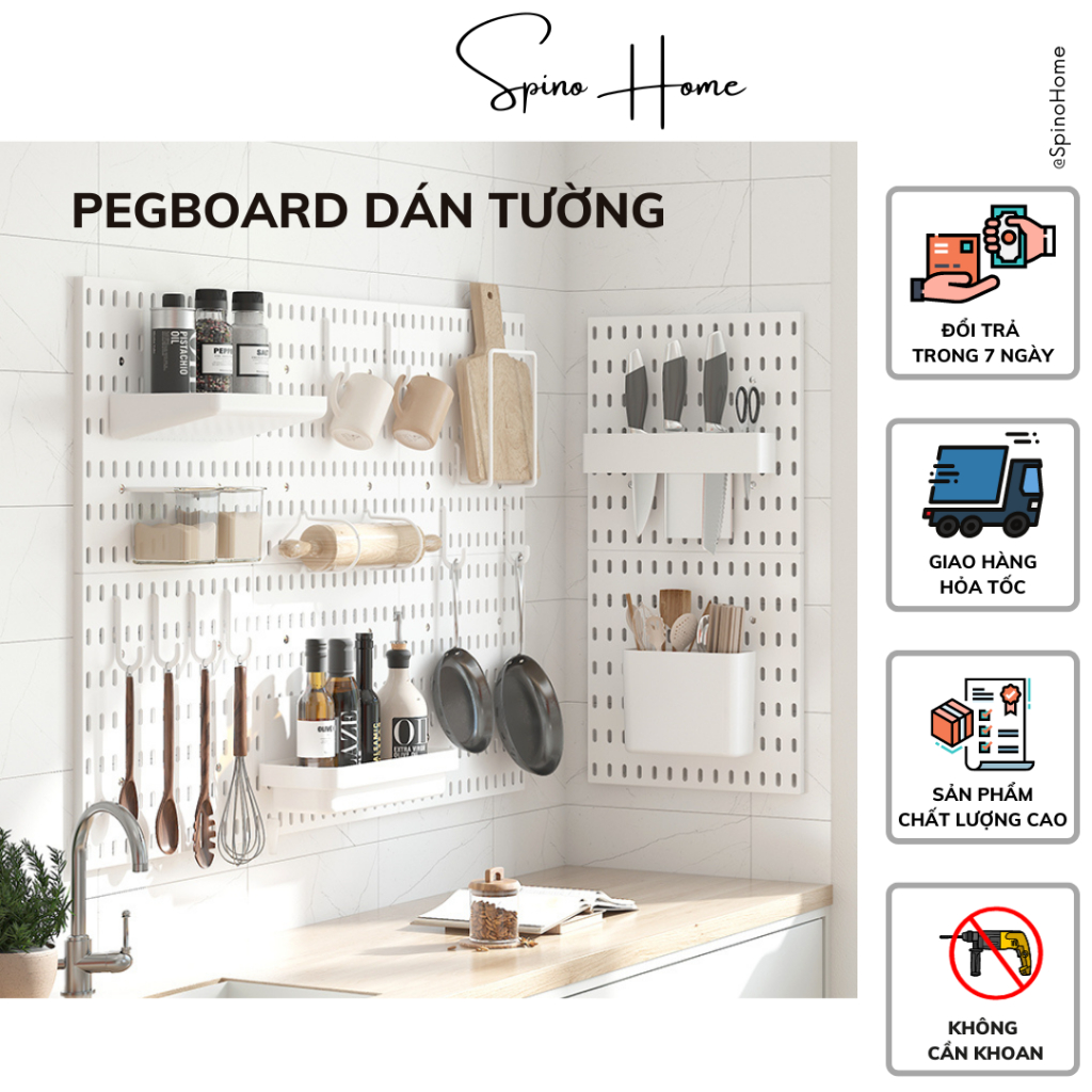 Kệ pegboard dán tường Spino Home trang trí nhà bếp, phòng làm việc, phòng ngủ, đa năng, tiện lợi, không cần khoan