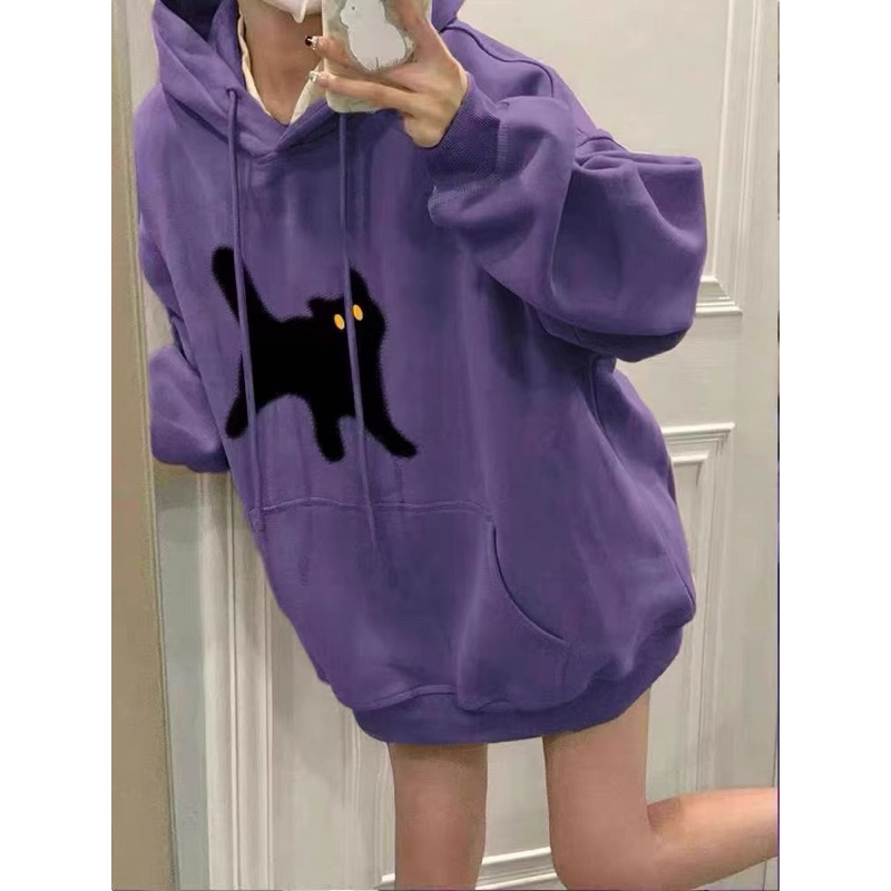 Áo hoodie tím mèo đen