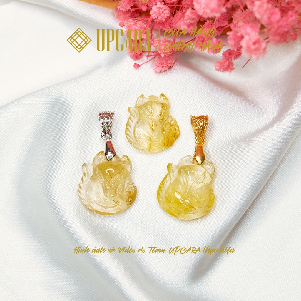 Mặt dây chuyền hồ ly ôm hoa mẫu đơn chất liệu thachanh tóc vàng thiên nhiên UPCARA