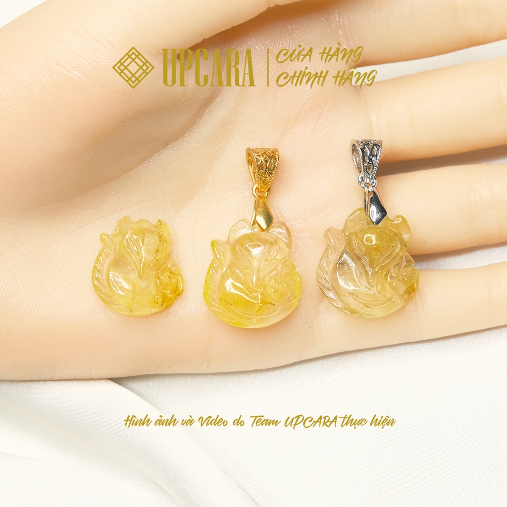 Mặt dây chuyền hồ ly ôm hoa mẫu đơn chất liệu thachanh tóc vàng thiên nhiên UPCARA