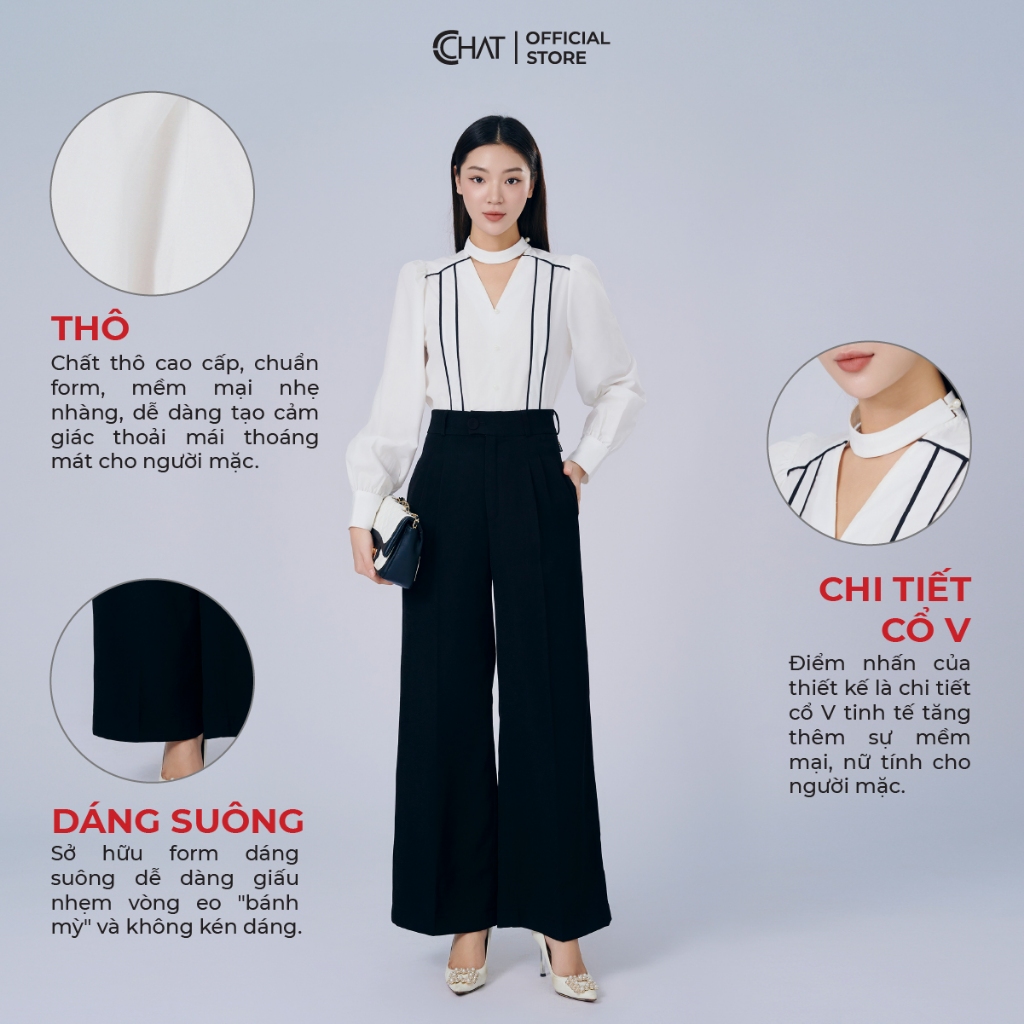 Áo Kiểu Nữ 𝐂𝐂𝐇𝐀𝐓 Phối Lé Cổ V Dáng Suông Chất Thô Cao Cấp Mềm Mịn 23ADT8002ST