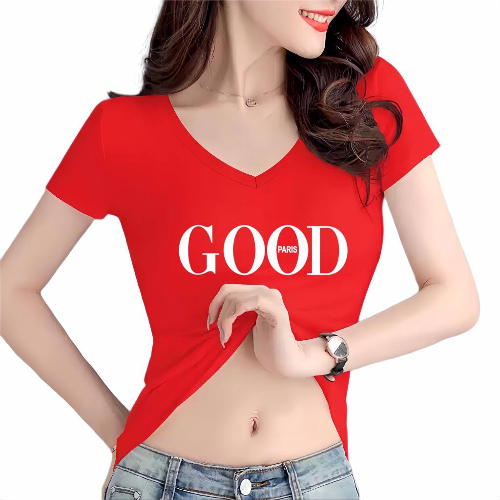 Áo thun nữ MXM cổ tim form ôm body in chữ Good cotton 4 chiều - ANU175