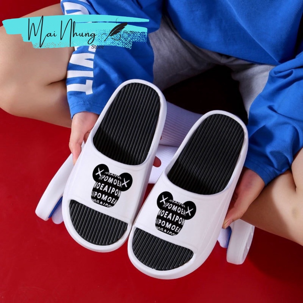 Dép nam nữ quai ngang bánh mì độn đế ullzang họa tiết mặt gấu nam nữ chất liệu eva 2023